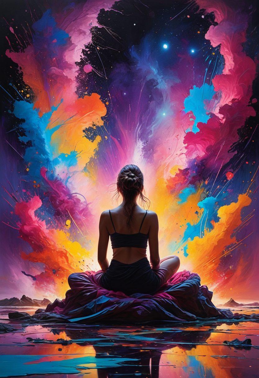 A vibrant, surreal canvas depicting an artist passionately creating a piece that mixes beauty and discomfort, showcasing vivid colors that express a whirlwind of emotions. Elements of disturbing themes subtly intertwined with uplifting visuals, such as contrasting dark and bright colors, unique textures, and complex forms. The artist in a meditative pose, surrounded by brushes, paint splatters, and ethereal lights. dreamy atmosphere. vibrant colors. painting.