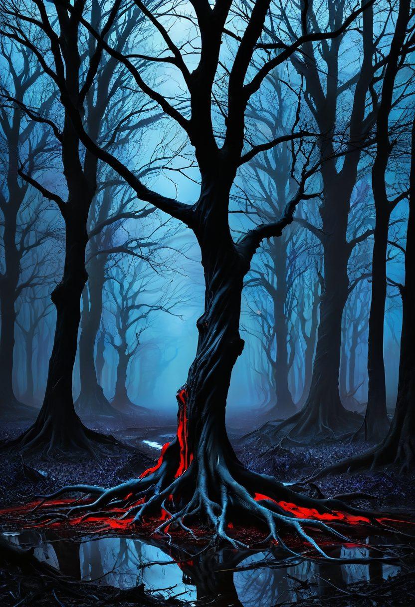 A hauntingly beautiful landscape featuring twisted trees and dark, flowing elements representing pain, with surreal, emotive figures emerging from the ground. The sky painted in deep purples and blues, swirling with shadows that evoke a sense of longing and introspection. Drips of vibrant red artfully blend into the scene, symbolizing raw emotions. Mysterious, ghostly forms can be seen in the background, representing the complexities of the human experience. surrealist, dark art, emotive expressions, deep colors.