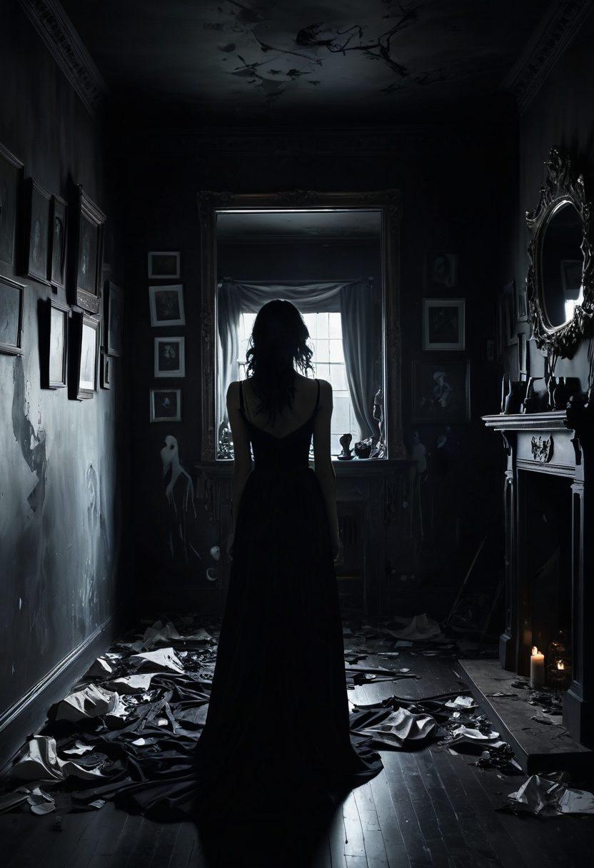 A hauntingly beautiful room filled with twisted canvases that reflect torment and inspiration, dimly lit with shadows dancing on the walls. An ethereal figure, part artist and part specter, delicately paints with vivid colors that spill from their brush, symbolizing emotional chaos. Surreal elements like melting clocks and fragmented mirrors contrast with dark, moody tones, capturing the essence of creativity born from pain. dreamlike atmosphere. surrealism. dark colors. soft glow.